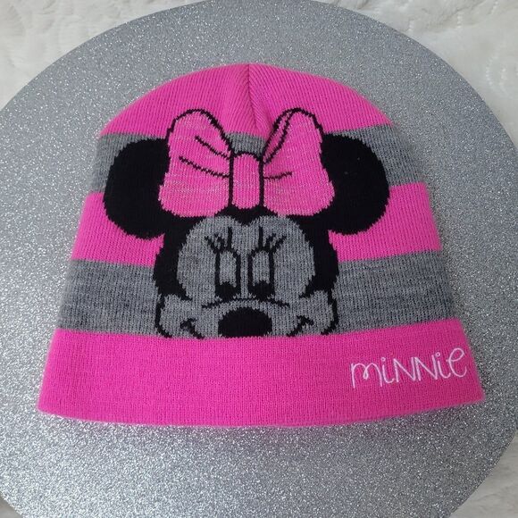 Disney Other - Disney Minnie Mouse Knit Beanie Hat Barbie Pink Grey Stripe Bling on Bow OSFM